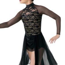 Black and gold lace skirted leotard with mesh sleeves