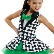 Green, black and white tutu skirted leotard with bow tie print and hat