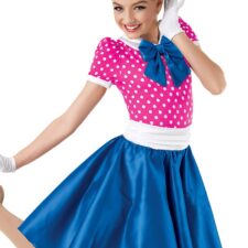 50's pink and blue polka dot skirted leotard