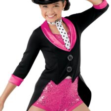 Hot pink and black tailcoat biketard with top hat and tie