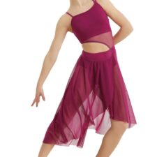 Mulberry asymmetrical skirted leotard with cut out waist and mesh overlay