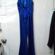 Bright blue metallic jumpsuit with flared legs