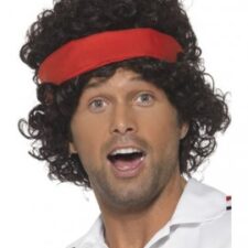 80's men's curly wig with red headband