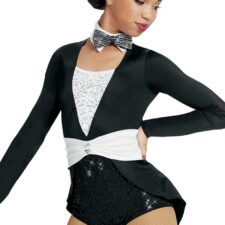 Black and white sequin tuxedo style leotard with matching bowtie