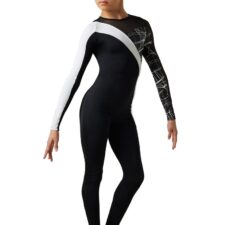 Black and white long sleeve geometric patterned catsuit
