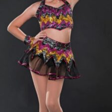 Black, raspberry and gold crop top and sequin skirt with flame design