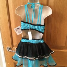 Turquoise and black biketatd with starburst sequin pattern and net bustle