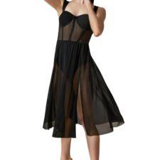 Black skirted leotard with corset style top and long skirt