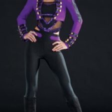 Black catsuit with purple military style jacket
