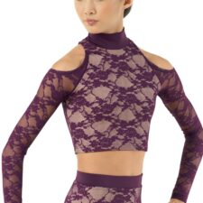 Purple long sleeve crop top with lace and matching briefs