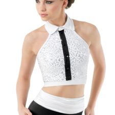 White sequin top with collar and black stripe