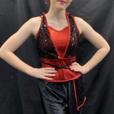 Black and red sequin top and long satin shorts