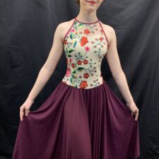 Burgundy skirted leotard with floral bodice and long skirt