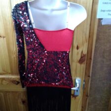 Red and black sequin skirted leotard with fringe