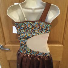 Brown and turquoise sequin skirted leotard with single shoulder strap and 's' curve design