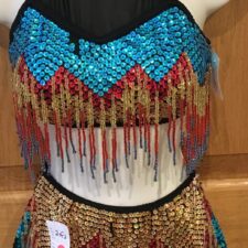 Black, turquoise, red and gold zig zag sequin halter neck crop top with beaded fringe and skirt