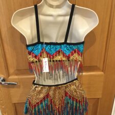 Black, turquoise, red and gold zig zag sequin halter neck crop top with beaded fringe and skirt
