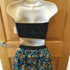 Turqoise, black and gold sparkle halter crop top and belted skirt
