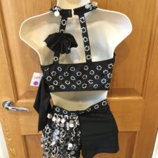 Black and silver crop top and shorts with dangling sparkles and side bustle