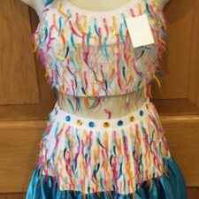White crop top and skirt with blue satin hem and multi coloured crescent sequins