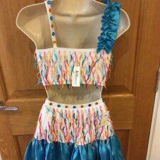 White crop top and skirt with blue satin hem and multi coloured crescent sequins