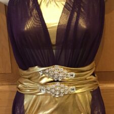 Metallic gold leotard with purple sheer cover and half skirt
