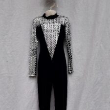 Black velvet and matte silver catsuit with hood