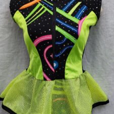 Neon green and black space age biketard with plastic fishnet skirt and padded shoulders