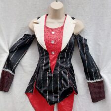 Sequin red, black and white pinstripe leotard with tails and open shoulders