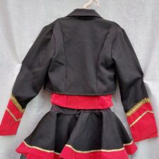 Red, black and gold velvet soldier inspired jacket, waistcoat and skirt with attached briefs
