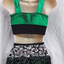 Metallic green, black and silver sequin crop top and fringed skirted briefs with headband