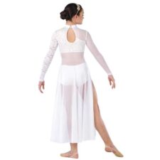 White skirted leotard with iridescent bodice and long mesh skirt