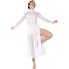 White skirted leotard with iridescent bodice and long mesh skirt