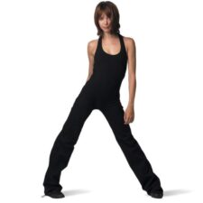 Black all in one with halter neck and flared trousers