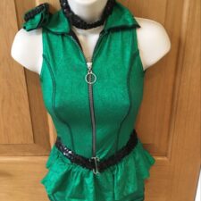 Green metallic biketard with peplum, front zip and sequin belt (with wrist cuffs and choker)