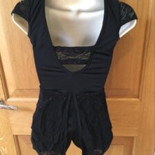 Black lycra and lace biketard with cap sleeves and tailcoat like back