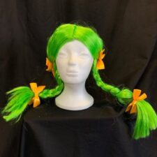 Neon green wired plaited wig with yellow ribbons