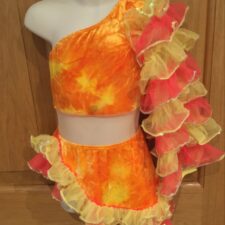 Orange and yellow velvet leotard with ruffle sleeve and separate skirt