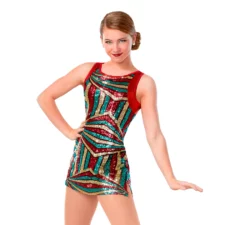 Green, red and gold metallic and sequin skirted leotard/dress