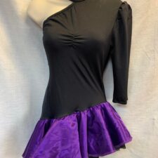 Black one sleeve skirted leotard with angled purple hem