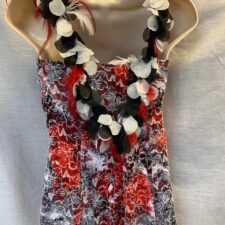 Red, black and white floral skirted leotard