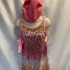 Pink, gold and silver sequin skirted leotard with gloves and cap