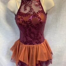 Purple sequin and rust skirted leotard with ruffled skirt