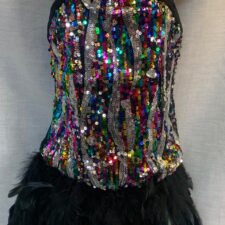 Multi colour sequin and black skirted leotard with feathers
