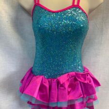 Turquoise sequin and pink satin skirted leotard
