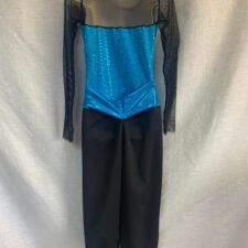 Black and turquoise sequin all-in-one with fishnet trim and hip hop style trousers