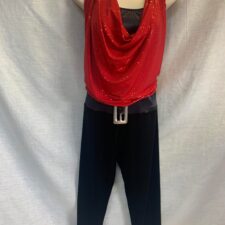 Red and black velvet cropped all-in-one with draped neckline