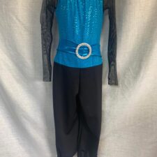 Black and turquoise sequin all-in-one with fishnet trim and hip hop style trousers