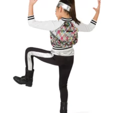 Multi colour sequin jacket with silver metallic dance top and black leggings