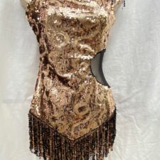 Gold sequin skirted leotard with black mesh insert and fringe